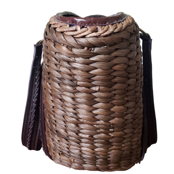 Coldwater Creek Woven Straw Brown Rustic Faux Leather Shoulder Bag Picnic Tote. - Picture 3 of 16
